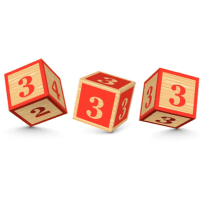 Three wooden children's blocks that show the number 3.