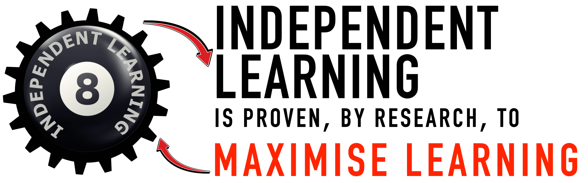 The graphic shows one black cog for the evidence based learning skill number 8 of independent learning  with the text "INDEPENDENT LEARNING IS PROVEN, BY RESEARCH, TO MAXIMISE LEARNING"