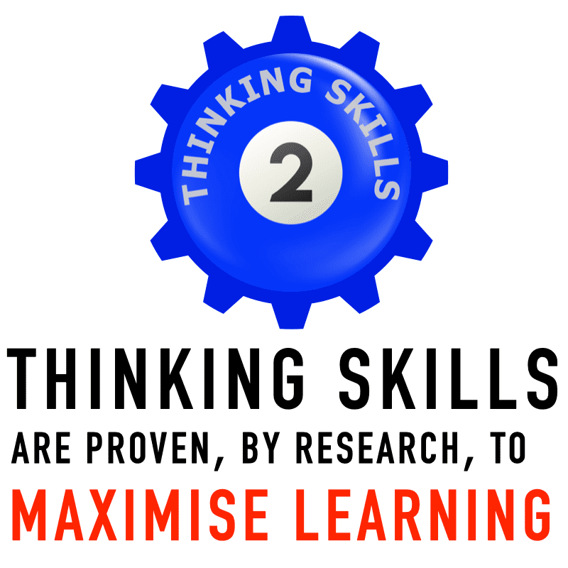 The graphic shows one blue cog for the evidence based learning skill number 2 of thinking skills with the text "THINKING SKILLS ARE PROVEN, BY RESEARCH, TO MAXIMISE LEARNING"