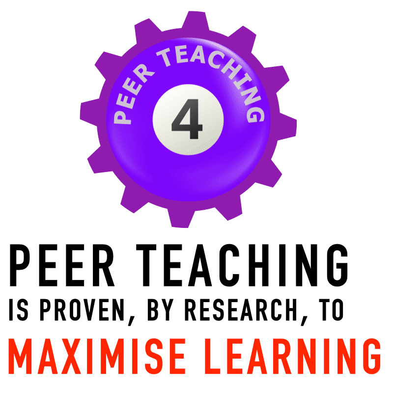 The graphic shows one purple cog for the evidence based learning skill number 4 of peer teaching with the text "PEER TEACHING IS PROVEN, BY RESEARCH, TO MAXIMISE LEARNING"