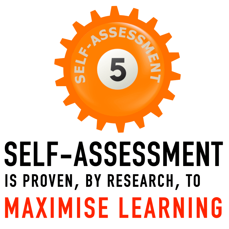 The graphic shows one orange cog for the evidence based learning skill number 5 of self-assessment with the text "SELF-ASSESSMENT IS PROVEN, BY RESEARCH, TO MAXIMISE LEARNING"