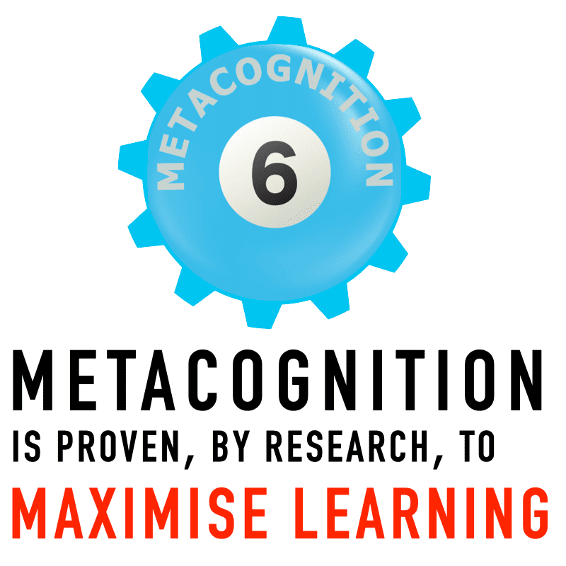 The graphic shows one blue cog for the evidence based learning skill number 6 of metacognition with the text "METACOGNITION IS PROVEN, BY RESEARCH, TO MAXIMISE LEARNING"