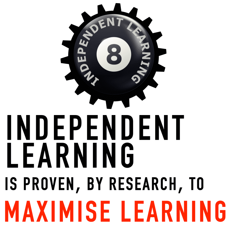 The graphic shows one black cog for the evidence based learning skill number 8 of independent learning  with the text "INDEPENDENT LEARNING IS PROVEN, BY RESEARCH, TO MAXIMISE LEARNING"