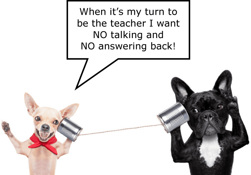 The graphic shows two dogs communicating with each other using cans tied with string. One dogs says to the other "When it's my turn to be the teacher I want NO talking and NO answering back!"